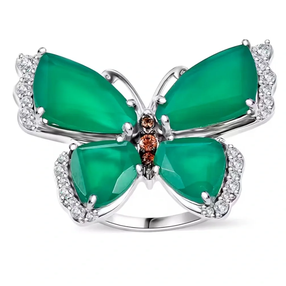 Verde Onyx, Brown and White Zircon 12.65 ctw Butterfly Ring
